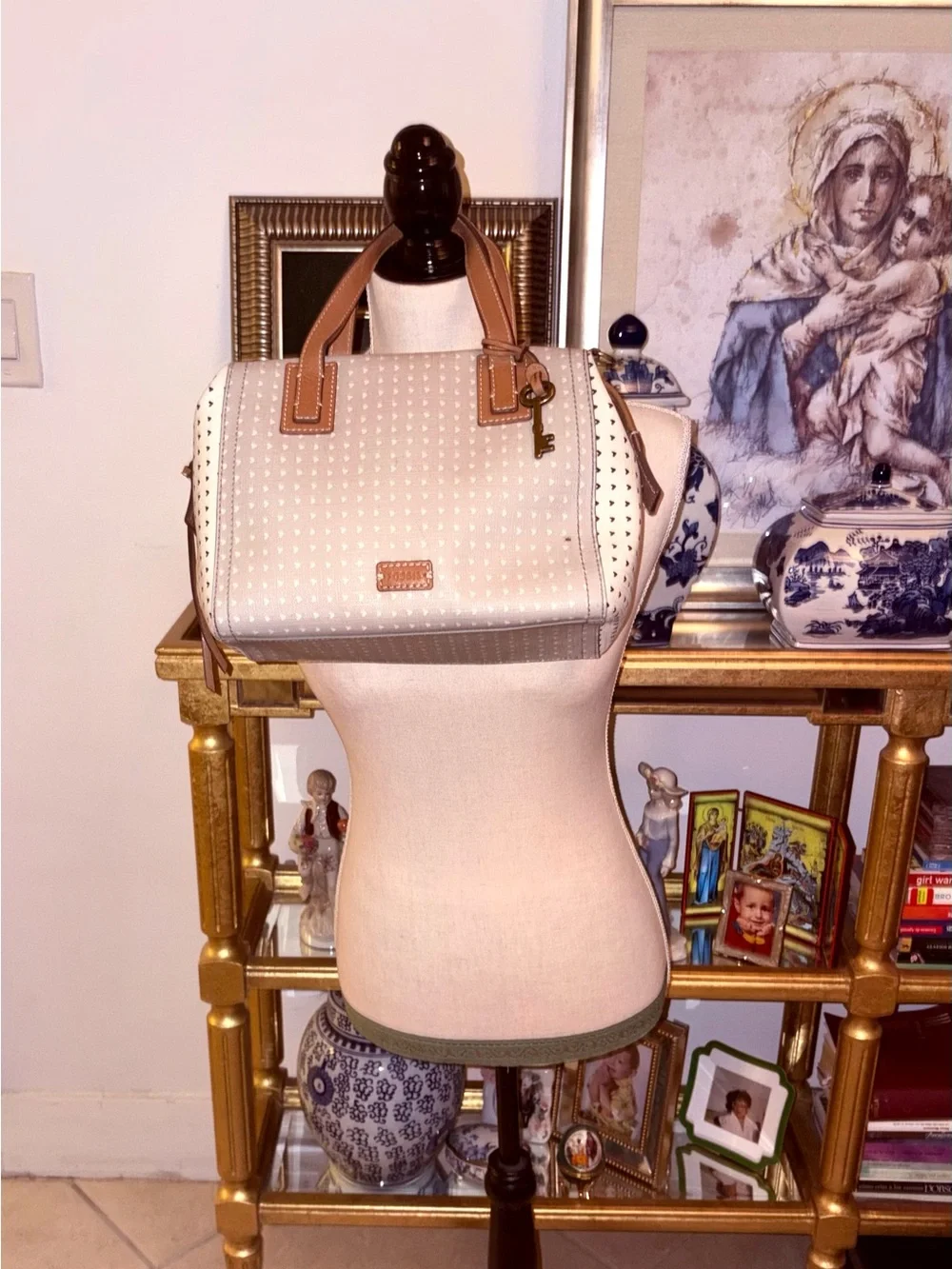 Fossil Cream Satchel with Tan Trim and Key Charms